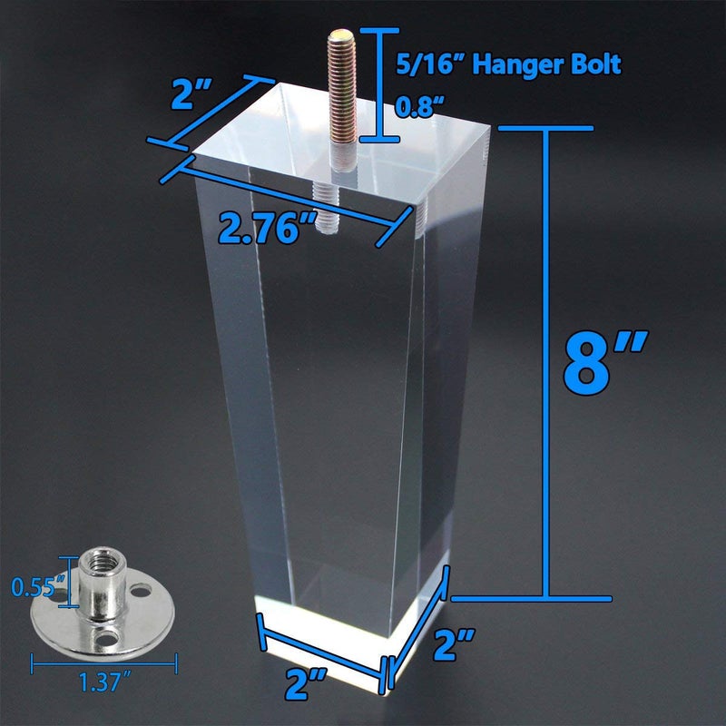 AORYVIC Replacement Legs Square Acrylic Sofa Feet 8 inch Stand legs for Bed Side Table Night Table Antique Modern Furniture Decor Clear Glass Pack of 4 - Image 2
